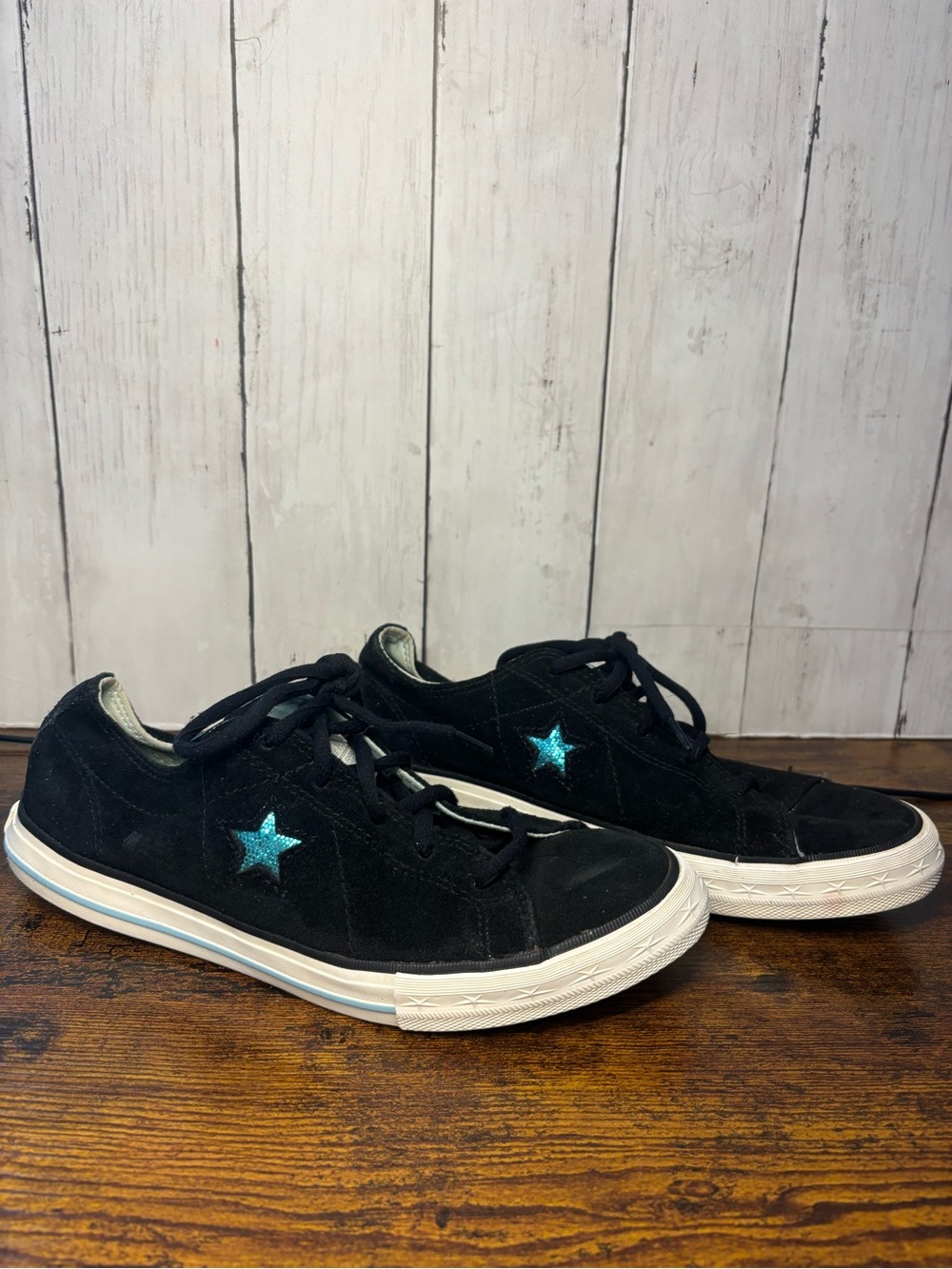 Converse Black Suede Low-Top Sneakers with Teal Star